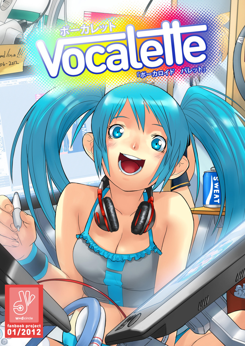 1girl absurdres alternate_costume aqua_eyes aqua_hair breasts camisole cessa character_request check_character cleavage crop_top drawing_tablet frills hatsune_miku headphones headphones_around_neck highres indoors long_hair medium_breasts pocari_sweat sidelocks solo twintails upper_body vocaloid