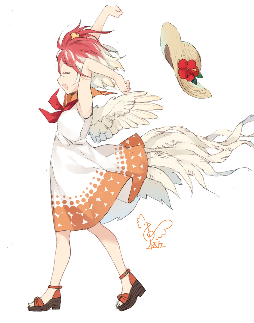 1girl adapted_costume animal_on_head bird bird_on_head bird_tail bird_wings blonde_hair chick closed_eyes commentary_request dress flower full_body happy hat hat_flower highres multicolored_hair neckerchief niwatari_kutaka on_head orange_dress orange_sailor_collar red_flower red_hair red_neckerchief sailor_collar sandals simple_background sleeveless sleeveless_dress straw_hat sun_hat tail touhou toutenkou two-tone_hair walking white_background white_dress wings