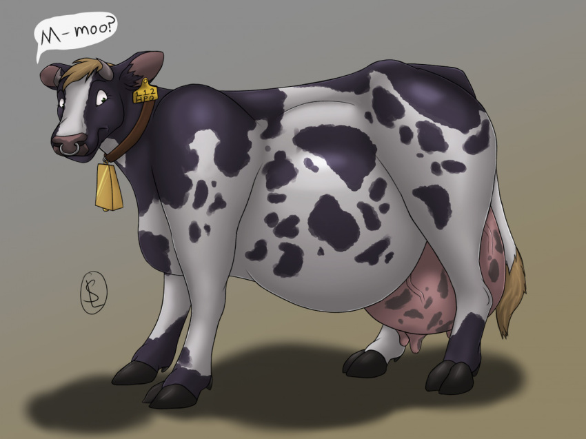 abdominal_bulge after_transformation belly big_belly bovid bovine cattle cowbell ear_tag facial_piercing female feral hooves mammal mooing nose_piercing nose_ring piercing pregnant simple_background solo sunderlovely teats udders