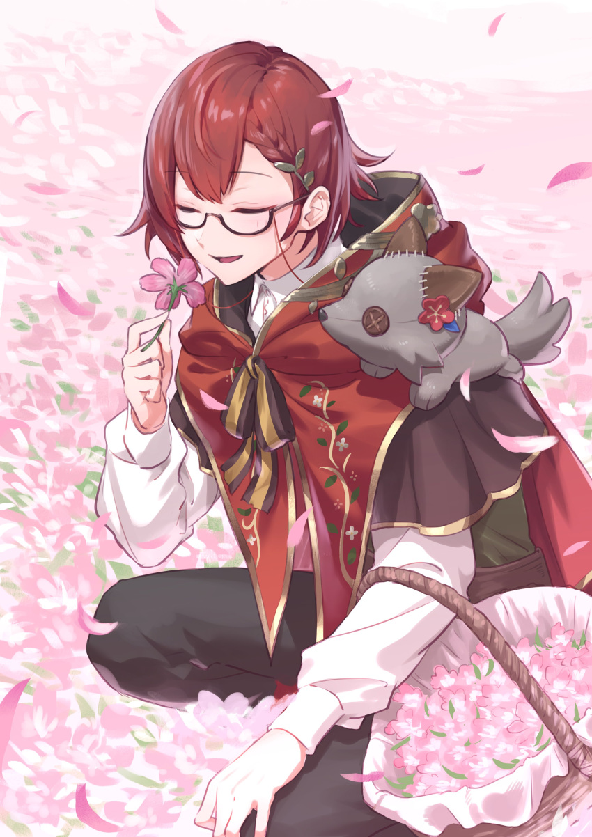 1boy absurdres basket black_pants brown_capelet capelet cloak closed_eyes collared_shirt flower glasses hair_behind_ear hanasaki_miyabi highres holostars hood hooded_cloak male_focus nemoto_yuuma pants pink_flower red_cloak red_hair shirt smile solo squatting virtual_youtuber white_shirt