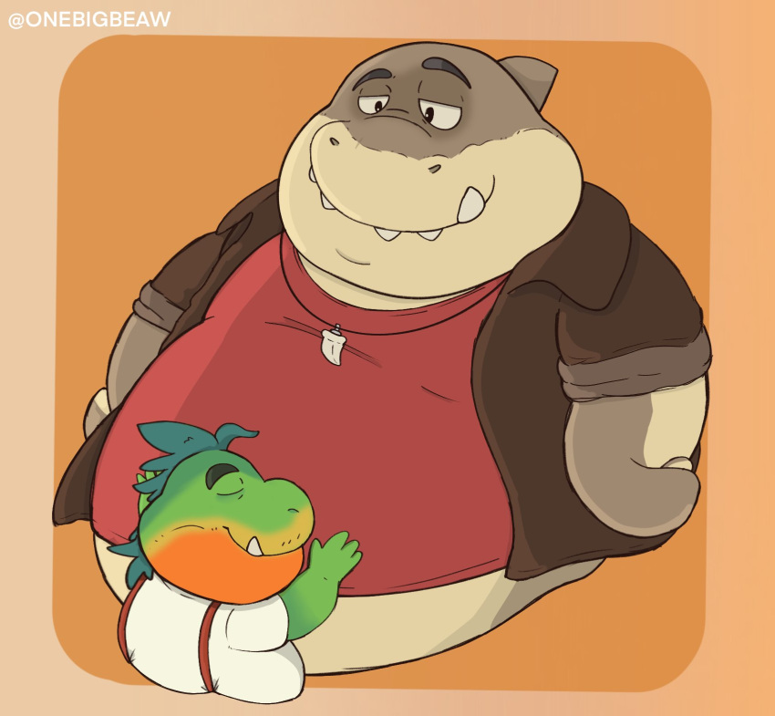 2022 anthro belly big_belly clothing dreamworks duo embrace eyes_closed fish green_body hi_res hug male male/male marine mr._piranha_(the_bad_guys) mr._shark_(the_bad_guys) obese obese_male onebigbeaw overweight overweight_male piranha_(fish) serrasalmid shark shirt simple_background size_difference suspenders the_bad_guys topwear