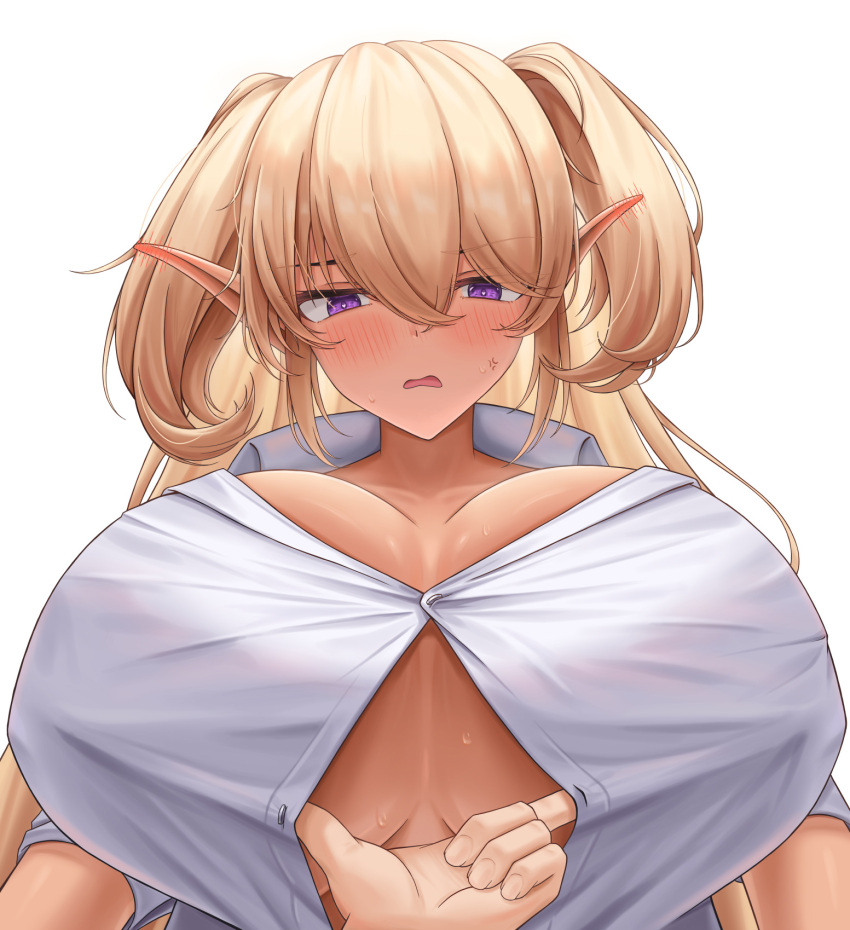 1girl anger_vein assisted_exposure blonde_hair blush breasts button_gap cleavage dark_elven_forest_ranger elf frown hair_between_eyes heart heart-shaped_pupils highres huge_breasts last_origin lazb. long_hair no_bra open_mouth pointy_ears pov pov_hands purple_eyes shirt short_twintails simple_background solo_focus sweat symbol-shaped_pupils twintails very_long_hair white_background white_shirt