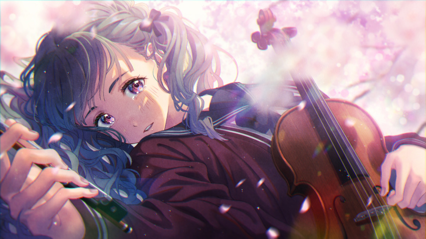 1girl bangs blue_hair blush bow cardigan cherry_blossoms crying crying_with_eyes_open gradient_hair hair_bow hair_pulled_back hand_on_own_stomach highres holding holding_bow holding_instrument holding_pencil instrument kiritsuki_(crux) light_rays light_smile long_sleeves looking_at_viewer lying medium_hair multicolored_hair on_back on_ground open_mouth original pencil purple_eyes purple_hair school_uniform serafuku short_twintails sleeves_past_wrists solo sweater tearing_up tears twintails two-tone_hair violin wavy_hair