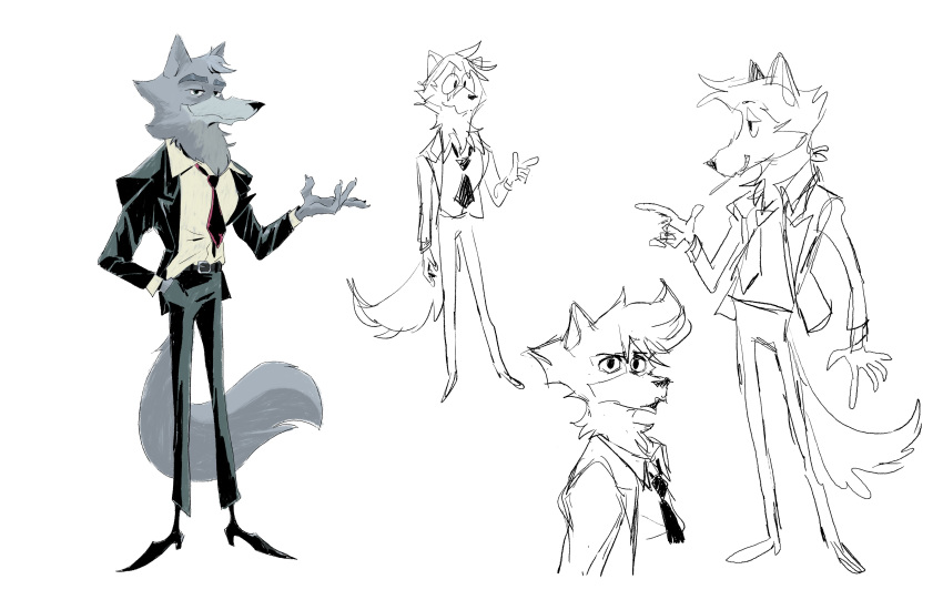 absurd_res anthony_holden anthro biped bottomwear canid canine canis clothing concept_art dreamworks grey_body hi_res humanoid_hands male mammal mr._wolf_(the_bad_guys) necktie official_art pants shirt shrit simple_background sketch solo the_bad_guys topwear white_background wolf