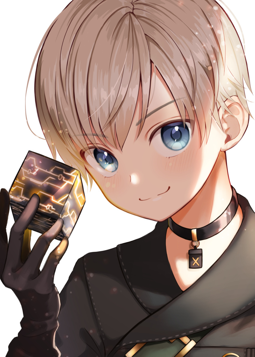 1boy bangs black_gloves choker commentary cube eyebrows_visible_through_hair face gloves hair_between_eyes highres holding looking_at_viewer male_focus nier_(series) nier_automata no_blindfold short_hair simple_background solo usami_(usami_l) white_hair yorha_no._9_type_s