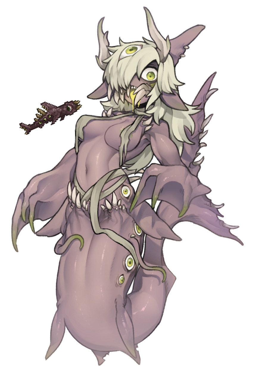 1girl 1other bone_biter breasts claws colored_skin drooling extra_eyes fins green_eyes hair_between_eyes hair_over_one_eye highres horns loincloth looking_at_viewer medium_breasts midriff monster_girl navel nyong_nyong personification pink_skin pointy_ears rags saliva shark_girl sharp_teeth teeth tentacles terraria