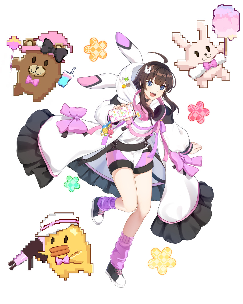 1girl :d absurdres ahoge alternate_costume animal_hood anri_mike assault_rifle asymmetrical_legwear badge bangs bear_pin belt blue_eyes blunt_bangs bow brown_hair bunny bunny_hair_ornament bunny_hood bunny_pin button_badge candy cellphone checkered choker coat cotton_candy counter:side cross-laced_footwear drawstring drink eyebrows_visible_through_hair food frilled_coat frog full_body gun hair_ornament hat headphones headphones_around_neck highres holding holding_drink holding_food holding_gun holding_phone holding_stick holding_weapon hood hood_down hooded_shirt keychain large_bow leaning_forward leg_up lollipop long_sleeves mismatched_legwear off-shoulder_coat off_shoulder open_mouth phone pink_legwear pink_shorts pixelated purple_legwear rifle rubber_duck shirt shoes short_hair_with_long_locks short_shorts shorts sidelocks simple_background smartphone smile sneakers socks stick stuffed_animal stuffed_toy tassel teddy_bear v-shaped_eyebrows weapon white_background white_coat white_shirt yang_harim