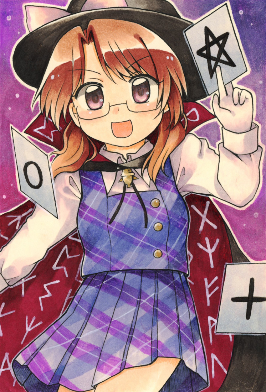 black_cape bolo_tie brown_hair cape card cloak clothes_writing commentary_request eyebrows_visible_through_hair gloves high_collar highres holding holding_card long_sleeves low_twintails maa_(forsythia1729) marker_(medium) open_mouth plaid plaid_skirt plaid_vest pleated_skirt purple_eyes purple_skirt purple_vest quimbaya_airplane red-framed_eyewear shirt short_hair skirt touhou traditional_media twintails usami_sumireko vest white_gloves white_shirt zener_card