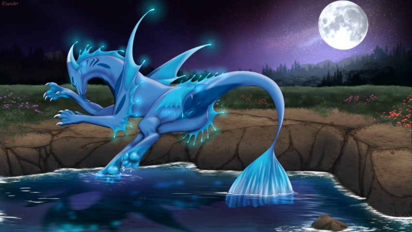 4322chan absurd_res aquatic_dragon bioluminescence bioluminescent_eyes blue_body butt detailed_background dragon female feral genitals glowing hi_res lake licking light looking_at_viewer marine moonlight night presenting presenting_hindquarters raised_tail reflection self_lick solo tongue tongue_out wet wet_body