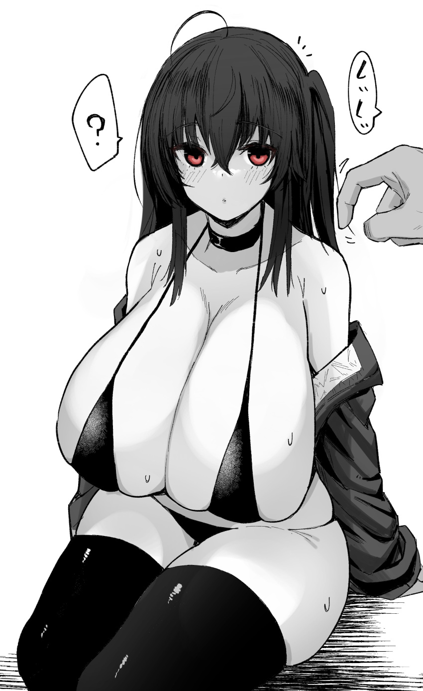 1girl ? absurdres ahoge asymmetrical_hair azur_lane beckoning bikini blush breasts choker cleavage commentary commission curvy eyebrows_visible_through_hair feet_out_of_frame freedom_nakai greyscale hair_between_eyes highres huge_breasts jacket long_hair looking_at_viewer micro_bikini monochrome off_shoulder official_alternate_costume open_clothes open_jacket parted_lips plump red_eyes side_ponytail simple_background sitting solo_focus spoken_question_mark spot_color string_bikini sweat swimsuit taihou_(azur_lane) taihou_(enraptured_companion)_(azur_lane) thighhighs white_background