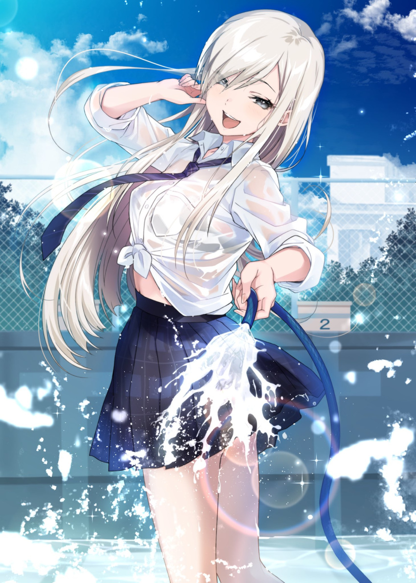 1girl arm_up blue_necktie blue_skirt breast_pocket collared_shirt dress_shirt grey_eyes hair_over_one_eye hario_4 highres holding holding_hose hose knees_up long_hair looking_at_viewer looking_to_the_side loose_necktie midriff necktie open_mouth original outdoors plaid plaid_skirt platinum_blonde_hair pleated_skirt pocket shirt skirt solo thighs tied_shirt water wet wet_clothes wet_shirt white_shirt