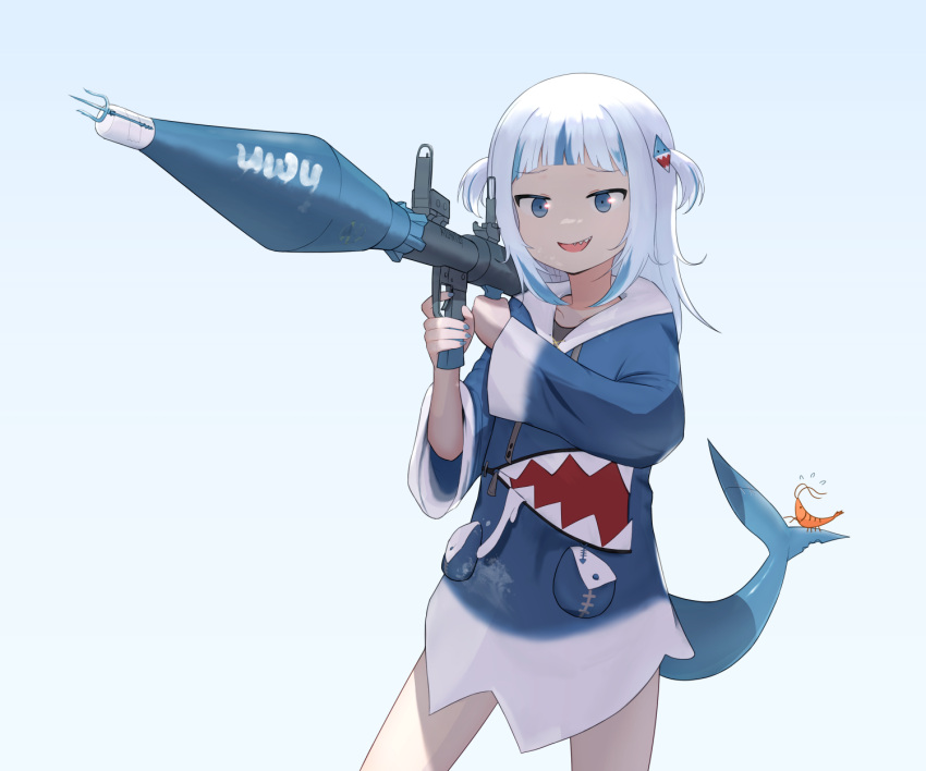 1girl bangs blue_eyes blue_hair blue_hoodie eyebrows_visible_through_hair fish_tail gawr_gura hair_ornament highres hololive hololive_english holomyth hood hood_down hoodie multicolored_hair open_mouth polearm rocket_launcher rpg rpg-7 shark_girl shark_hair_ornament shark_tail sharp_teeth short_twintails shrimp simple_background smile streaked_hair tail teeth trident twintails virtual_youtuber weapon white_hair xflanx