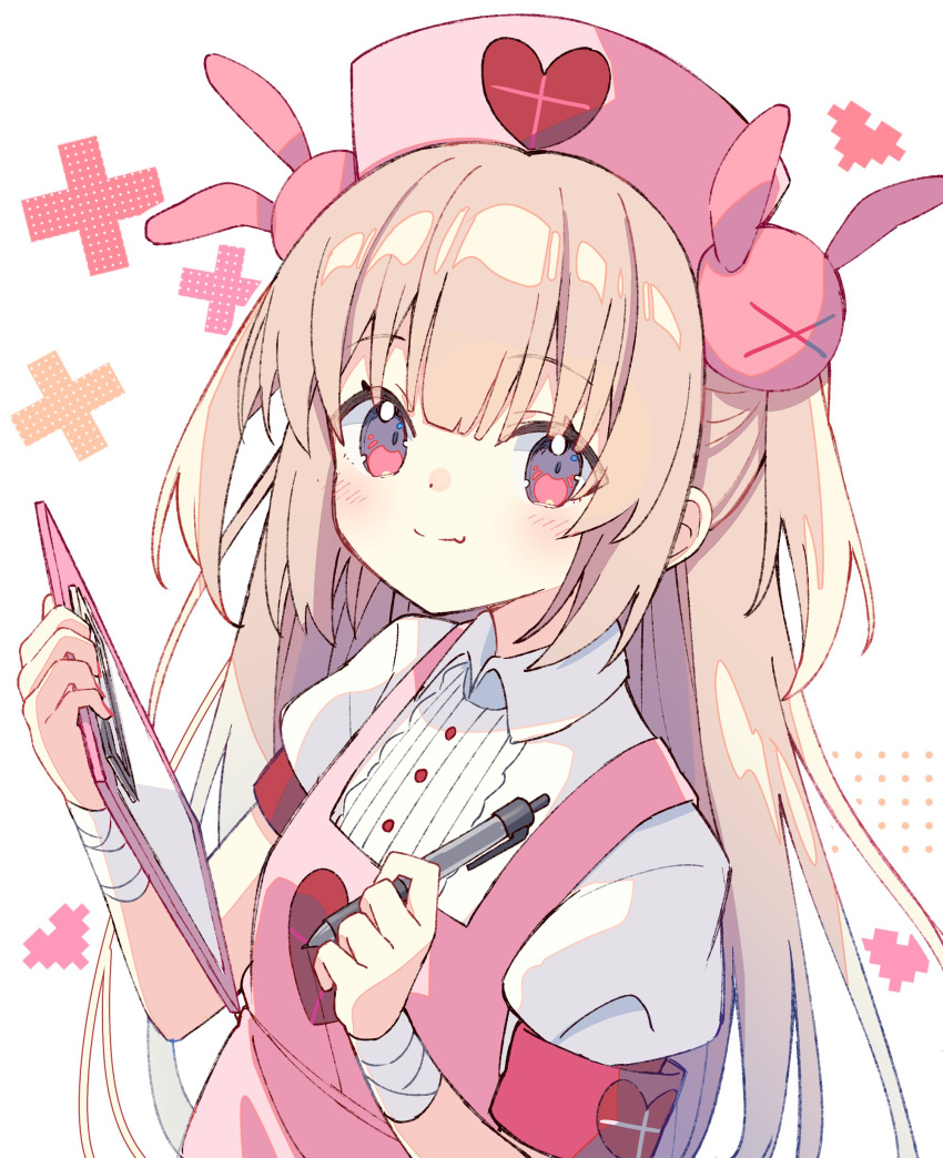 1girl absurdres apron armband bangs bunny_hair_ornament closed_mouth collared_shirt cross eyebrows_visible_through_hair fang hair_ornament hat heart heart_print highres holding holding_pen light_brown_hair long_hair looking_at_viewer natori_sana nurse_cap pen pink_apron sana_channel shirt short_sleeves skin_fang smile solo upper_body virtual_youtuber white_background white_shirt zoirun