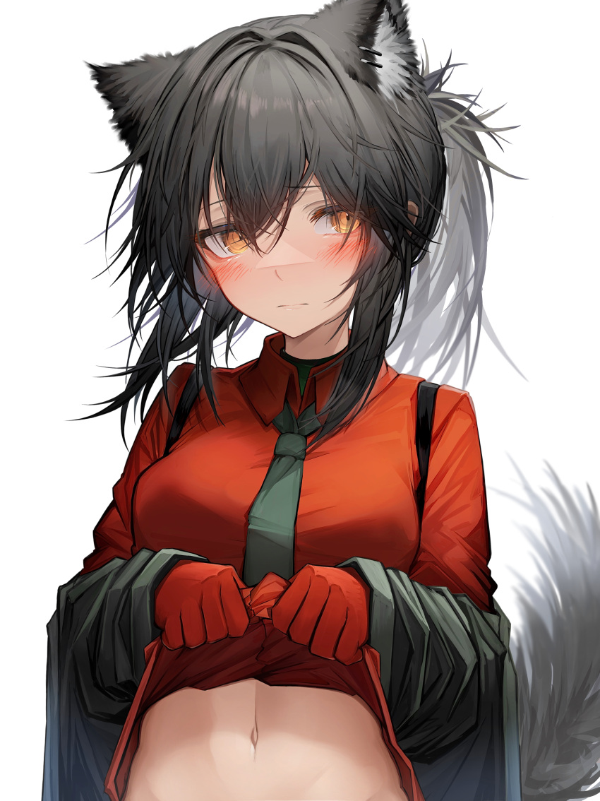 1girl absurdres animal_ears arknights bangs black_hair black_necktie bottomless brown_eyes clothes_lift collared_shirt hair_between_eyes highres lifted_by_self looking_at_viewer looking_to_the_side navel necktie red_shirt shirt shirt_lift short_hair sidelocks simple_background solo stethoscope tab_head tail texas_(arknights) texas_(willpower)_(arknights) upper_body white_background wolf_ears wolf_tail