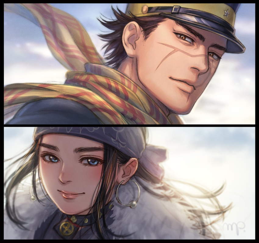 1boy 1girl ainu ainu_clothes asirpa bandana black_hair blue_bandana blue_coat blue_eyes blue_jacket brown_eyes brown_hair cape coat earrings fur_cape golden_kamuy hat highres hoop_earrings imperial_japanese_army jacket jewelry long_hair long_sleeves looking_at_another military military_hat military_uniform mprichin scar scar_on_cheek scar_on_face scar_on_mouth scar_on_nose scarf short_hair smile split_screen sugimoto_saichi uniform