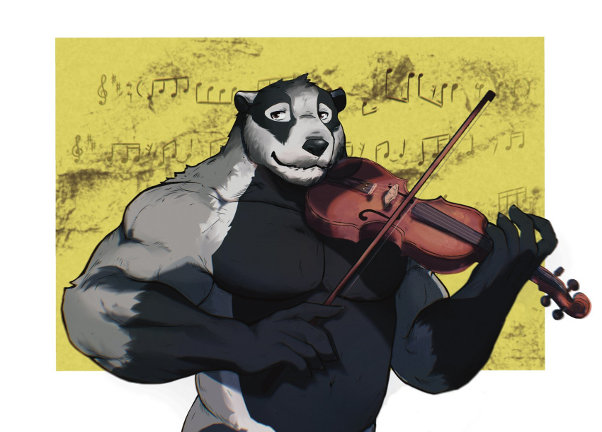 2022 alternate_version_at_source anthro badger black_body black_fur bowed_string_instrument echo_(series) echo_project fur grey_body grey_fur half-length_portrait hi_res looking_aside male mammal multicolored_body multicolored_fur muscular muscular_male musical_instrument musical_note mustelid musteline nikolai_(the_smoke_room) nude nullshark1 playing_music playing_violin portrait simple_background solo string_instrument the_smoke_room video_games violin visual_novel white_background yellow_background