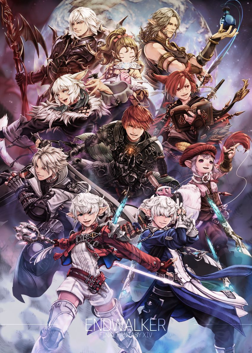 4girls 6+boys absurdres alisaie_leveilleur alphinaud_leveilleur animal_ears armor armored_boots avatar_(ff14) bangs book boots breastplate cat_ears closed_eyes closed_mouth coat copyright_name dark_knight_(final_fantasy) dragoon_(final_fantasy) elezen elf estinien_varlineau fighting_stance final_fantasy final_fantasy_xiv fingerless_gloves floating floating_object floating_weapon flower g'raha_tia gauntlets gloves grey_hair gunbreaker_(final_fantasy) hair_over_one_eye hat hat_feather highres holding holding_needle holding_weapon hyur ink ink_bottle jacket krile_mayer_baldesion_(ff14) lalafell lips long_hair long_sleeves looking_afar looking_at_viewer mihira_(tainosugatayaki) miqo'te multiple_boys multiple_girls needle open_mouth pants planet pointy_ears polearm purple_hair red_hair red_mage sage_(final_fantasy) sewing_needle short_hair sleeveless smile standing tataru_taru thancred_waters thigh_boots thighhighs thread title urianger_augurelt weapon white_hair y'shtola_rhul