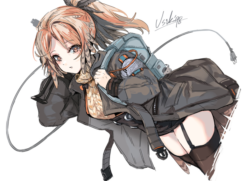 1girl arknights black_legwear commentary_request eyebrows_visible_through_hair feather_hair garter_straps jacket long_hair looking_at_viewer mole mole_under_eye nail_gun orange_hair pinecone_(arknights) ponytail simple_background solo sweater thighhighs usuki_(graygreed) white_background