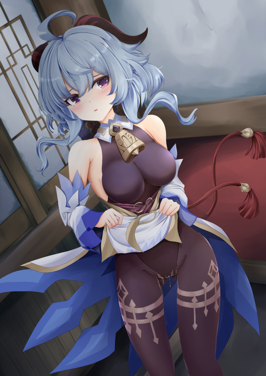 1girl absurdres ahoge ass_visible_through_thighs bangs bare_shoulders bell black_legwear black_leotard blue_hair blush bodystocking bodysuit breasts cameltoe clothes_lift detached_sleeves furrowed_brow ganyu_(genshin_impact) genshin_impact gold_trim groin highres horns indoors kitora_(kisekinonameko) leotard leotard_under_clothes lifted_by_self long_hair looking_at_viewer medium_breasts neck_bell no_gloves parted_lips pelvic_curtain pelvic_curtain_lift purple_eyes pussy_juice pussy_juice_drip_through_clothes pussy_juice_trail sidelocks solo standing tassel thighlet thighs white_sleeves