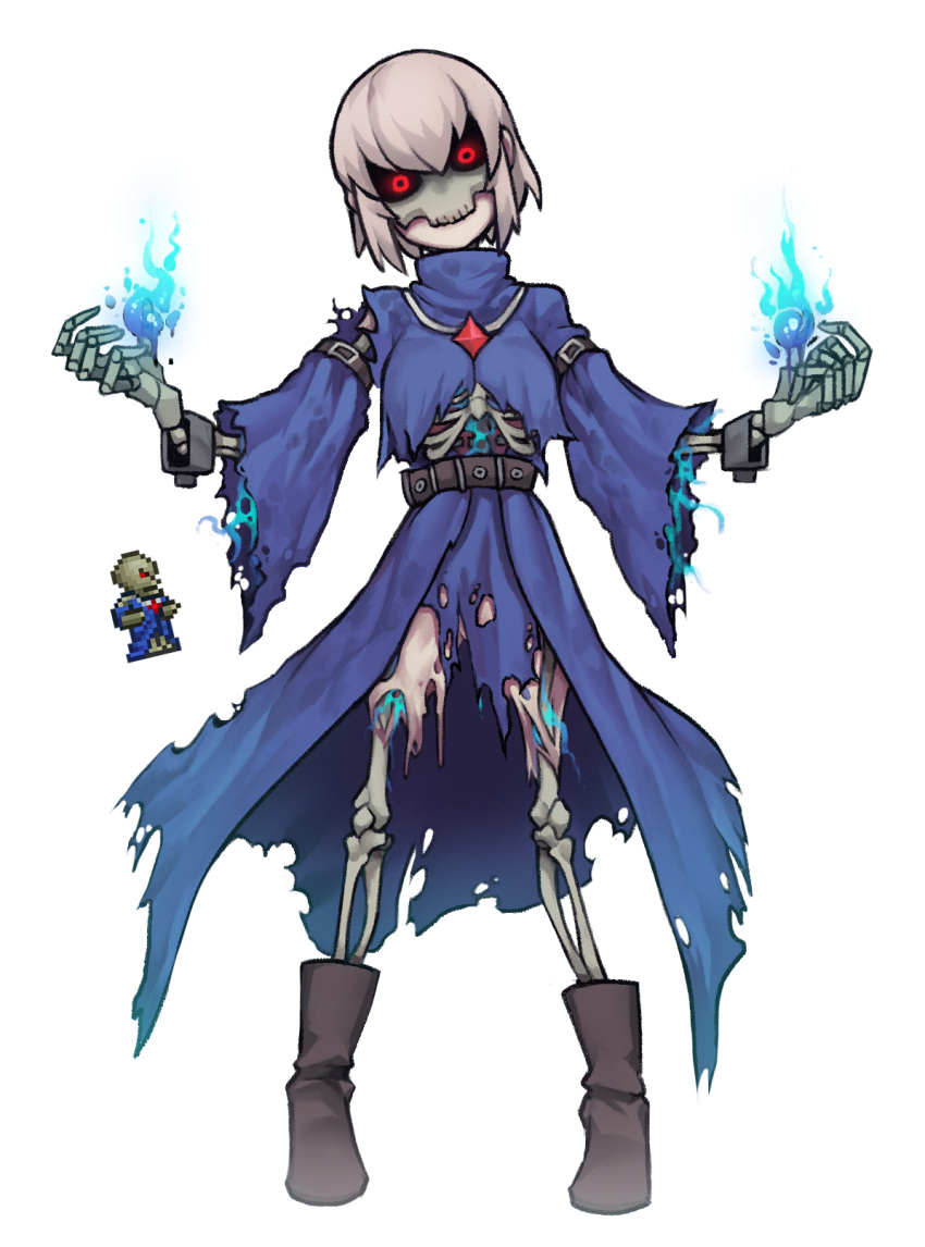 1girl 1other amulet belt blue_fire blue_robe bone boots breasts cuffs dark_caster fire full_body high_collar highres lich looking_at_viewer magic mask masked medium_breasts nyong_nyong red_eyes ribs shackles terraria torn_clothes torn_robe undead white_hair wide_sleeves