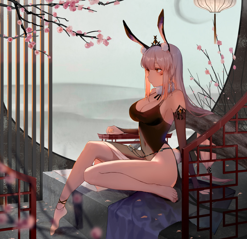 1girl animal_ears anklet barefoot bow braid branch breasts cherry_blossoms collar dress elbow_gloves facepaint facial_mark feet gloves grey_hair hair_ornament highres hill jewelry kaavi lamp large_breasts long_hair looking_to_the_side mahjong_soul navel no_bra rabbit_ears s2rid side_braid sideboob sitting stone_floor thighs tight tight_dress yellow_eyes yostar