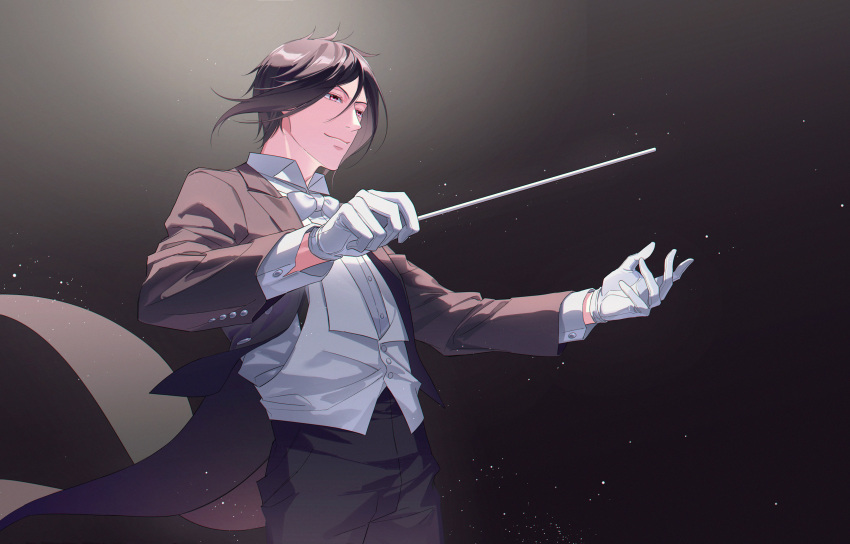 1boy absurdres al_(ahr) black_background black_coat black_hair black_pants bow bowtie coat conductor gloves hair_between_eyes highres kuroshitsuji pants red_eyes sebastian_michaelis shirt short_hair solo stage_lights tailcoat upper_body wand white_gloves white_shirt