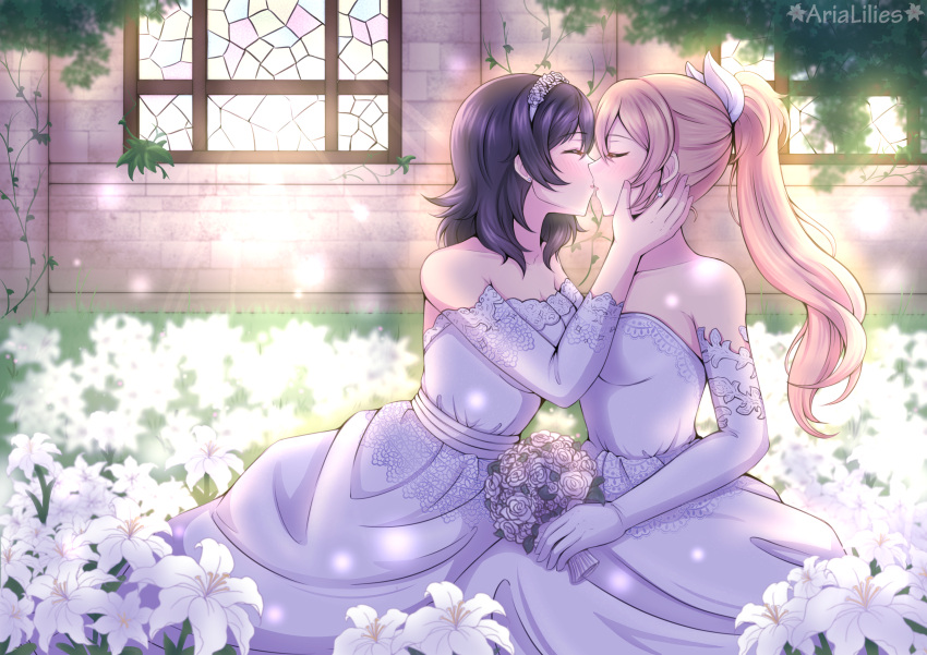 2girls absurdres artist_name bare_shoulders black_hair blonde_hair bouquet breasts closed_eyes collarbone commentary dress elbow_gloves english_commentary flower from_side gloves hand_on_another's_face highres kiss lewdlilies lily_(flower) medium_hair menou_(virgin_road) multiple_girls ponytail shokei_shoujo_no_virgin_road sitting small_breasts strapless strapless_dress sunlight tokitou_akari wedding_dress white_dress white_gloves wife_and_wife window yuri