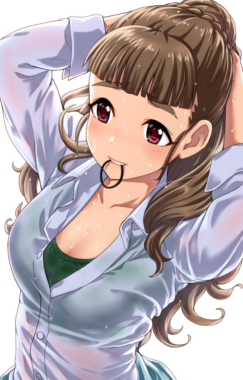 1girl arms_up bangs blush bra bra_visible_through_clothes bralines breasts brown_hair buttons cleavage collar collared_shirt cut_bangs eyebrows_visible_through_hair green_bra hair_tie hair_tie_in_mouth hands_in_hair highres hot idolmaster idolmaster_cinderella_girls kamiya_nao kobamiso_(kobalt) lips long_hair long_sleeves mouth_hold open_collar red_eyes see-through shirt simple_background sleeve_cuffs sweat sweaty_clothes thick_eyebrows tying_hair underwear upper_body wet wet_clothes wet_shirt white_background