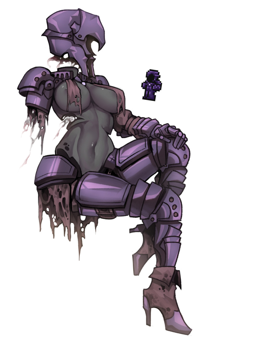 1girl 1other armor armored_boots boots breasts colored_skin gauntlets grey_skin helmet high_heels highres invisible looking_to_the_side medium_breasts midriff navel nyong_nyong pauldrons possessed_armor rags shoulder_armor sitting terraria torn_clothes