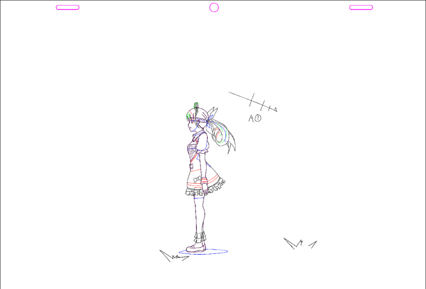 1girl animated animated_gif blush bow breasts cleavage closed_eyes closed_mouth dress frilled_dress frills grass hair_ribbon hololive long_hair minato_aqua outdoors puffy_short_sleeves puffy_sleeves ribbon shoes short_sleeves simple_background sketch small_breasts smile solo standing twintails virtual_youtuber white_background white_bow wind wind_turbine wrist_cuffs x-6