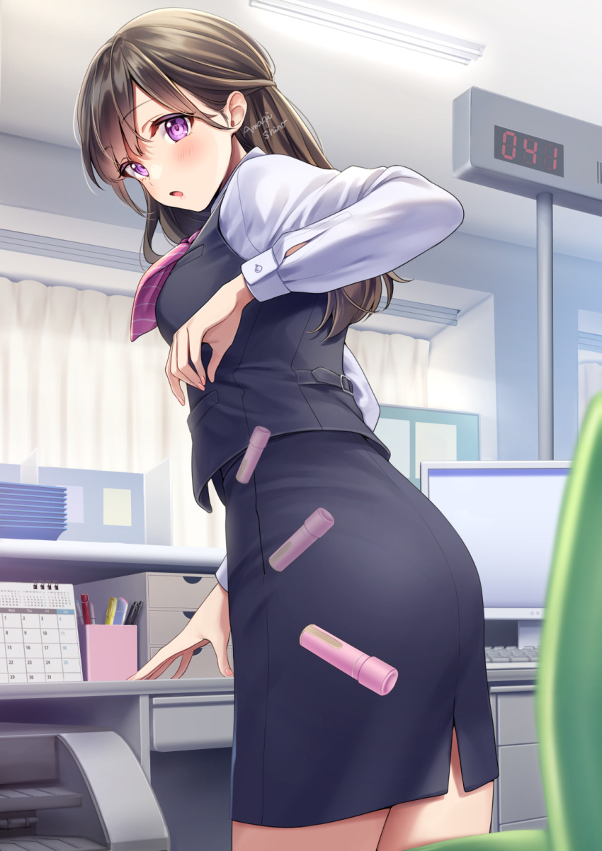 1girl amagi_shino artist_name blush brown_hair calendar_(object) commentary_request dropping eyelashes half_updo highres long_hair long_sleeves office office_lady original pencil_skirt purple_eyes receptionist_girl_(amagi_shino) shirt signature skirt solo standing surprised vest white_shirt