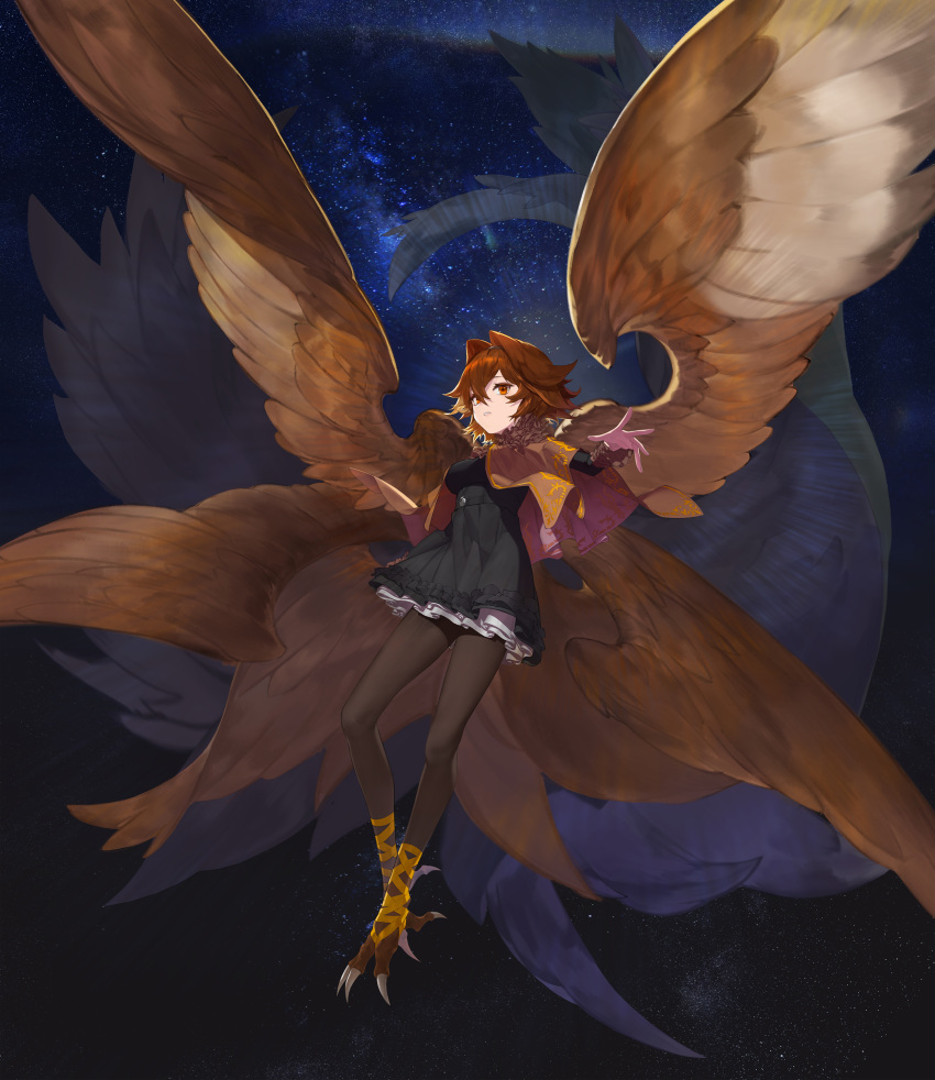 1girl absurdres bad_kim belt bird_girl black_dress brown_capelet brown_hair brown_legwear brown_wings capelet crescent dress eyes_visible_through_hair feathered_wings frilled_dress frills hair_between_eyes highres multiple_wings no_shoes open_hand orange_eyes original parted_lips sky solo star_(sky) starry_sky talons teeth thighhighs wings