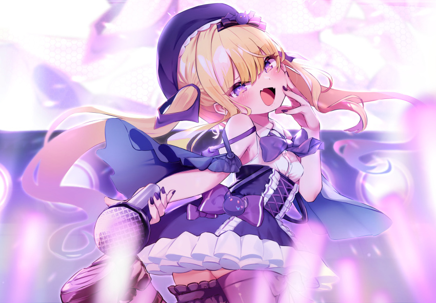 1girl :d blonde_hair blue_skirt blush bow bowtie cowboy_shot fangs fingernails from_behind hand_on_own_cheek hand_on_own_face hand_up hat heart heart-shaped_pupils high-waist_skirt highres holding holding_microphone long_hair looking_at_viewer looking_back microphone nail_polish open_mouth purple_bow purple_bowtie purple_eyes purple_headwear purple_legwear purple_nails re:act skin_fangs skirt smile symbol-shaped_pupils thighhighs tsukushi_aria twintails utsusumi_kio