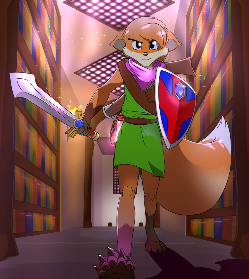 2022 anthro book bookshelf canid canine clothing daaberlicious digitigrade fox furniture green_clothing hi_res library light light_beam looking_at_viewer male mammal melee_weapon shield solo sunbeam sunlight sword tunic tunic_(video_game) underpaw walking weapon