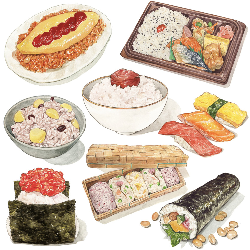 commentary_request container fish food food_focus highres in_bowl in_container kailene lunchbox meat no_humans nori_(seaweed) onigiri original pork rice salmon seaweed still_life sushi tomato