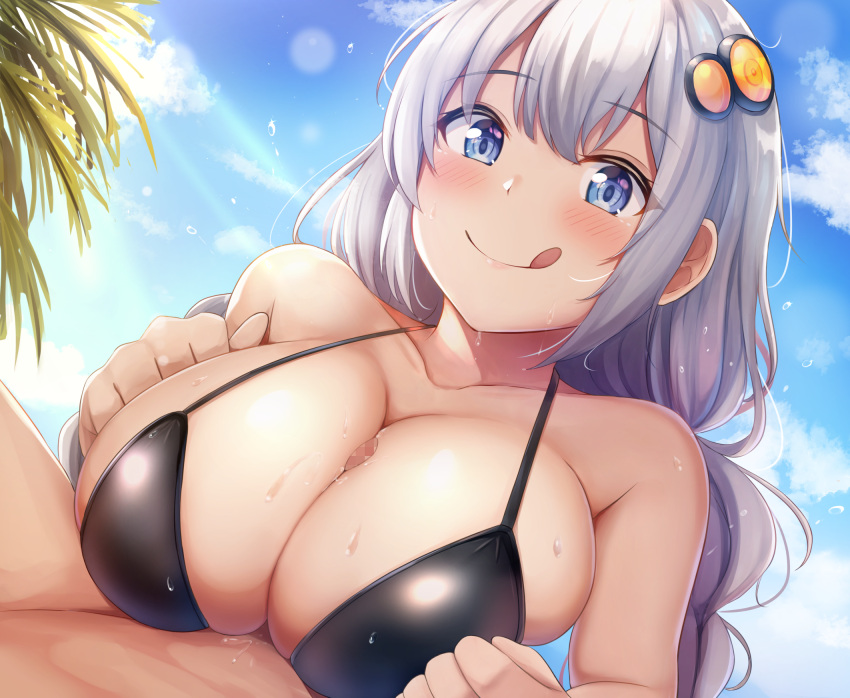 1boy 1girl :q bangs bare_arms bare_shoulders between_breasts bikini black_bikini blue_eyes blue_sky blush braid breast_squeeze breasts censored cleavage closed_mouth clothed_female_nude_male collarbone completely_nude day eyebrows_visible_through_hair hair_ornament hetero highres kizuna_akari large_breasts lens_flare long_hair mosaic_censoring nude outdoors penis ritz10_(benben) silver_hair sky smile solo_focus spread_legs star_(symbol) sweat swimsuit tongue tongue_out twin_braids voiceroid