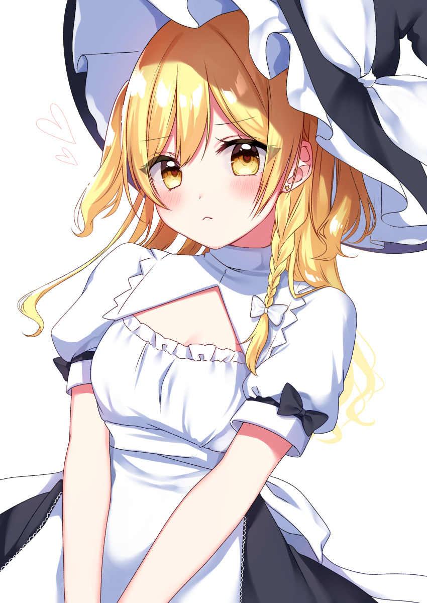 1girl absurdres apron black_bow blonde_hair blush bow braid breasts eyebrows_visible_through_hair frilled_apron frills hair_bow hat highres kirisame_marisa long_hair looking_at_viewer revision shinonome_asu short_sleeves simple_background solo touhou white_background white_bow witch_hat yellow_eyes