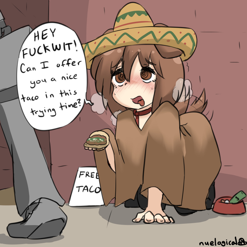 1girl 1other @_@ absurdres ahoge all_fours animal_ears artist_name blush bowl breath brown_eyes brown_hair coin collar dog_ears dog_girl dog_tail food hair_between_eyes hat heavy_breathing highres holding holding_food leash medium_hair money nuelogical open_mouth original outdoors pet_bowl red_collar sign solo_focus sombrero speech_bubble sweat taco tail tail_wagging tongue tongue_out trembling walking