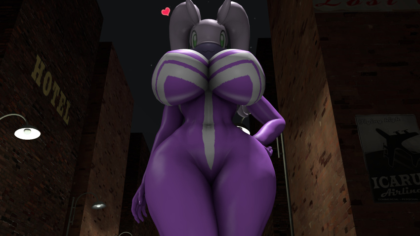 &lt;3 16:9 2021 3d_(artwork) :3 anthro barely_visible_genitalia barely_visible_pussy big_breasts breasts digital_media_(artwork) featureless_breasts female genitals goodra green_eyes hand_on_hip hi_res looking_at_viewer looking_down low-angle_view navel nintendo pok&eacute;mon pok&eacute;mon_(species) pokesymbiote pose purple_eyes pussy solo source_filmmaker symbiote video_games widescreen