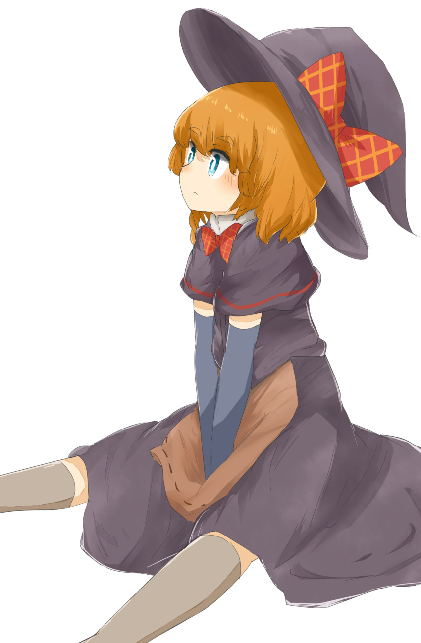 1girl apron bangs black_headwear black_skirt black_vest blue_eyes blush bow bowtie bright_pupils brown_apron brown_hair checkered_bow checkered_bowtie checkered_clothes closed_mouth commentary_request cookie_(touhou) elbow_gloves expressionless eyebrows_visible_through_hair feet_out_of_frame gloves grey_gloves grey_legwear hat highres kirisame_marisa looking_afar meguru_(cookie) orange_bow orange_bowtie red_bow red_bowtie short_hair simple_background sitting skirt solo thighhighs touhou vest waist_apron white_background white_pupils witch_hat yumekamaborosh