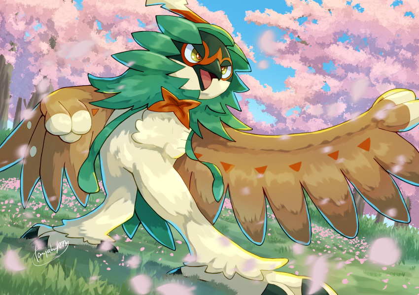 blurry commentary_request day decidueye falling_petals grass highres legs_apart no_humans open_mouth orange_pupils outdoors petals pokemon pokemon_(creature) sky solo standing tanpakuroom tongue tree yellow_eyes