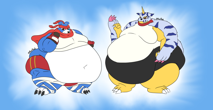 2022 absurd_res accessory anthro bandai_namco belly big_belly blue_body blue_fur canid canine claws clothed clothing digimon digimon_(species) digital_media_(artwork) duo feet fur gabumon gaomon headband hi_res male mammal obese obese_anthro obese_male overweight overweight_anthro overweight_male paceplusle simple_background thick_thighs toes topwear watermark yellow_body