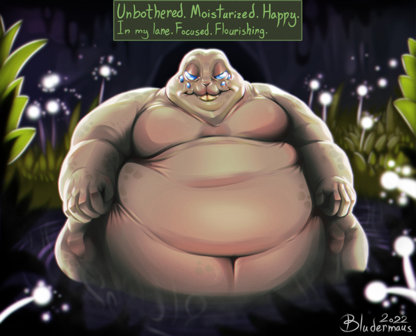 2022 alien belly big_belly bludermaus blue_eyes cave english_text humanoid lips looking_at_viewer lootbug male meme moobs multi_eye navel overweight overweight_humanoid overweight_male plant relaxing sitting smile solo solo_focus spring text