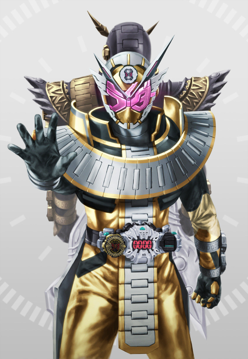 2boys alternate_costume armor back-to-back black_armor black_bodysuit black_footwear bodysuit boots clock_hands cowboy_shot future gold_trim highres kamen_rider kamen_rider_zi-o kamen_rider_zi-o_(series) kamen_rider_zi-o_ouma kamen_rider_zi-o_the_movie:over_quartzer katakana loincloth memerosa multiple_boys official_alternate_costume ouma_zi-o ouma_zi-o_rider_watch pink_eyes rider_watch shoulder_armor sword tokusatsu trait_connection weapon ziku_driver