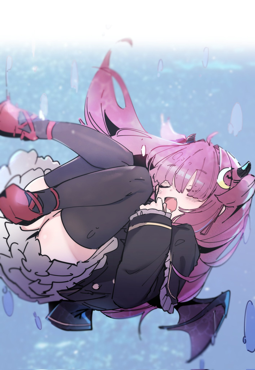 1girl ahoge black_jacket black_legwear blush capelet closed_eyes crescent crescent_hair_ornament drooling falling fang floating_hair hair_ornament highres horns jacket knees_together_feet_apart long_hair long_sleeves mouth_drool nijisanji open_mouth pink_hair red_footwear shoes smile solo thighhighs utsusumi_kio wings yuzuki_roa