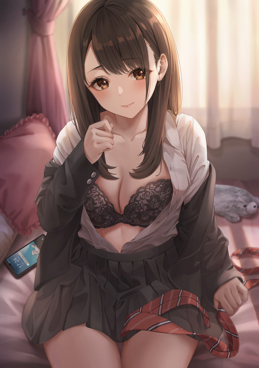 1girl absurdres bangs bed bedroom black_bra black_jacket black_skirt blazer blush bra breasts brown_eyes cellphone cleavage collarbone collared_shirt commentary_request dress_shirt eyebrows_visible_through_hair fujizarashi highres holding_necktie indoors jacket large_breasts long_hair looking_at_viewer necktie off_shoulder on_bed open_clothes open_shirt original phone pleated_skirt red_necktie school_uniform shirt shirt_tucked_in sidelocks sitting skirt solo swept_bangs underwear white_shirt
