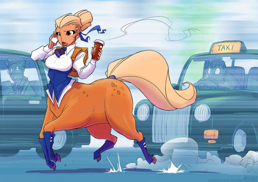 backpack beverage breasts cellphone centaur coffee commercial_vehicle conditional_dnp equid equid_taur female galloping humanoid humanoid_taur jollyjack mammal mammal_taur phone public_transportation solo steam taur taxicab vehicle vehicle_for_hire