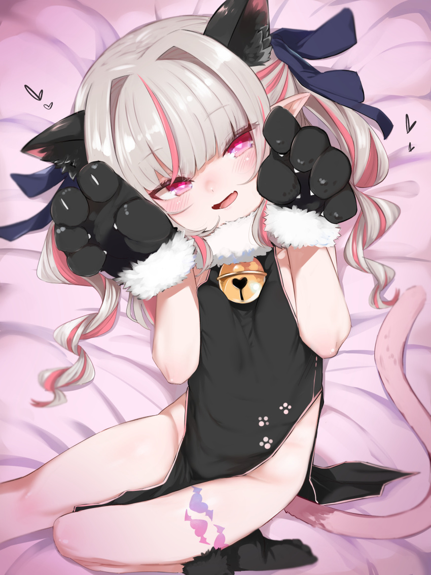 1girl :d absurdres animal_ears animal_hands bell black_ribbon blush breast_squeeze breasts cat_ears cat_tail china_dress chinese_clothes claw_pose dress fangs from_above fur-trimmed_gloves fur_trim gloves grey_hair hair_intakes hair_ribbon hands_up heart heart-shaped_pupils heart_tattoo highres jingle_bell leg_tattoo looking_at_viewer lying makaino_ririmu multicolored_hair neck_bell nijisanji no_panties on_back on_bed open_mouth paw_gloves pelvic_curtain pink_eyes ribbon skin_fangs small_breasts smile solo streaked_hair symbol-shaped_pupils tail tattoo twintails utsusumi_kio