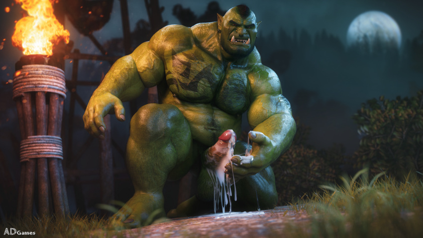 ad-games bodily_fluids cum cum_drip dripping genital_fluids genitals green_body green_skin hi_res humanoid male muscular muscular_male orc penis red_eyes solo tattoo vein veiny_muscles veiny_penis