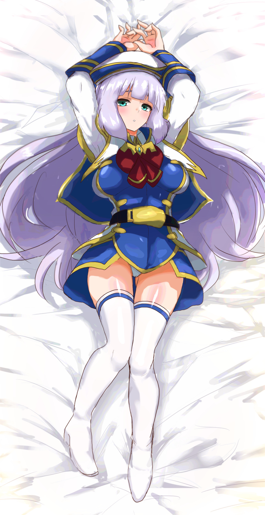 1girl absurdres bangs blue_dress blush boots bow breasts capelet dress eyebrows_behind_hair grey_hair gundam gundam_exa head_tilt highres jeminiremu large_breasts long_hair lying on_back open_hands panties red_bow solo sthesia_awar thigh_boots thighhighs underwear very_long_hair white_capelet white_footwear white_panties